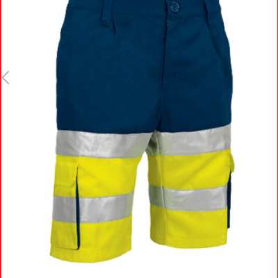 Calções de trabalho azuis e amarelos com faixas refletoras
