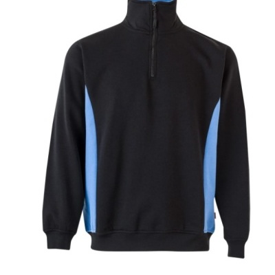 Sweatshirt preta com painéis azuis laterais e fecho no colarinho