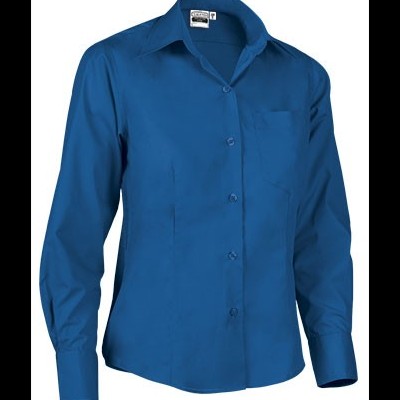 Camisa azul de manga comprida feminina com bolso no peito