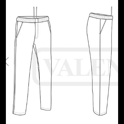 Desenho técnico de calças brancas com cós elástico e cordão