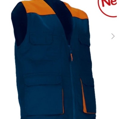 Colete de trabalho azul escuro com detalhes laranja e vários bolsos
