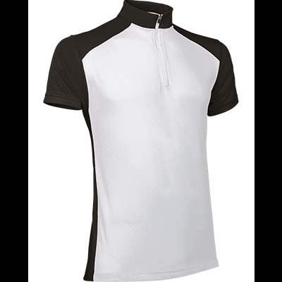 Camisola desportiva branca e preta com fecho zip no colarinho