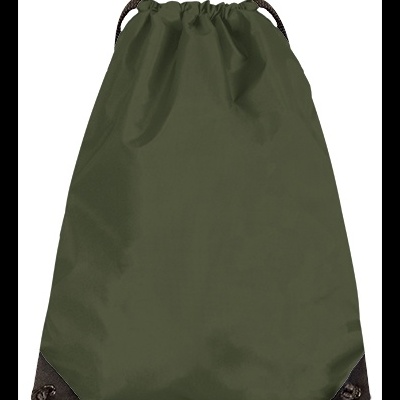 Mochila tipo saco verde militar com cordão castanho e reforço em couro escuro
