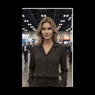 Mulher com camisa preta de botões em ambiente interior iluminado