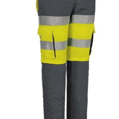 Calças de trabalho cinzento escuro com faixas reflexivas amarelo fluorescente e cinza claro