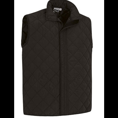 Colete acolchoado preto masculino com gola alta e padrão de losangos.