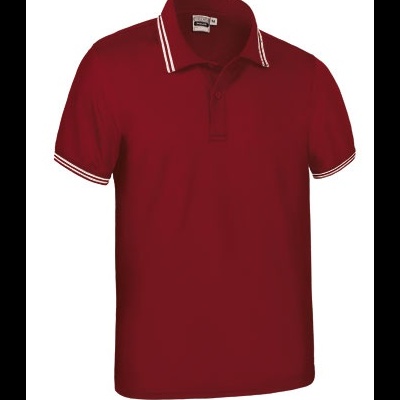 Polo vermelho masculino com riscas brancas na gola e mangas