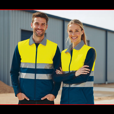 Homem e mulher com coletes amarelos refletores, em ambiente industrial