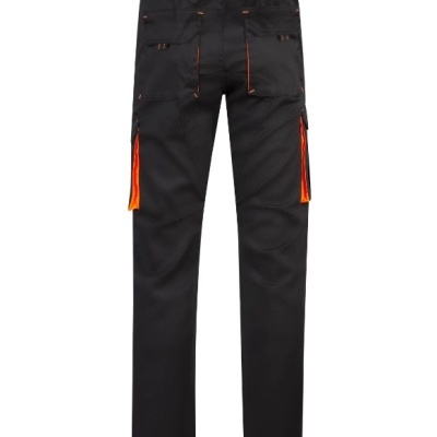 Calças de trabalho pretas com detalhes laranja e bolsos