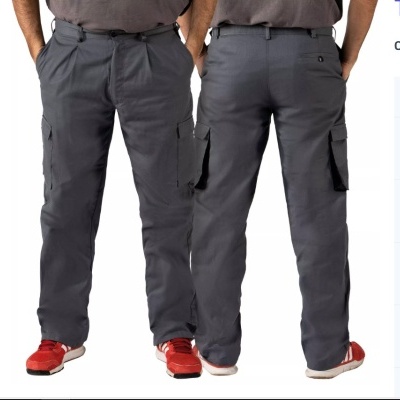 Calças de trabalho cinzento escuro com bolsos laterais em duas vistas