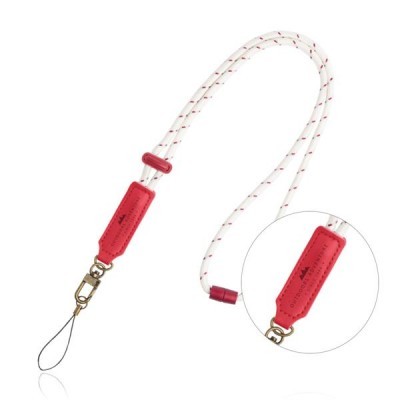 cordão pendurar corda branca com pontos vermelhos e couro vermelho com texto