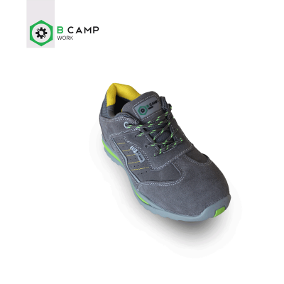 Tênis de segurança cinza com detalhes verdes e amarelos B CAMP WORK