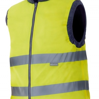Colete refletor amarelo com faixas refletoras cinzentas e fecho de correr frontal