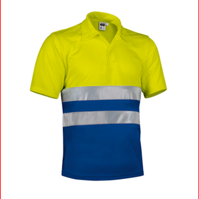 Polo de manga curta amarelo e azul com faixas reflexivas prateadas