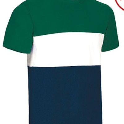 T-shirt tricolor verde, branco e azul escuro com gola redonda