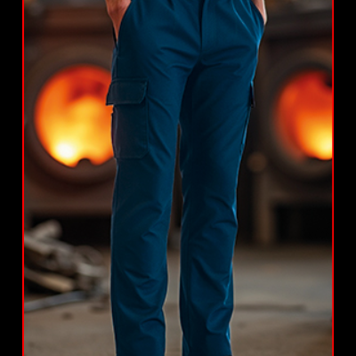 Calças azuis de tecido resistente com bolso lateral em ambiente industrial.