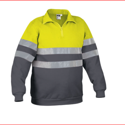 Sweatshirt de alta visibilidade amarelo e cinza escuro com faixas refletoras cinzentas e gola com fecho de correr