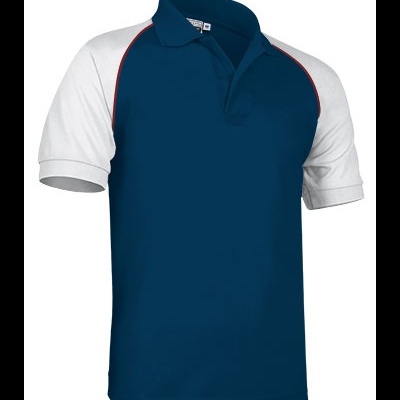 Polo masculino azul escuro com mangas brancas e detalhe vermelho
