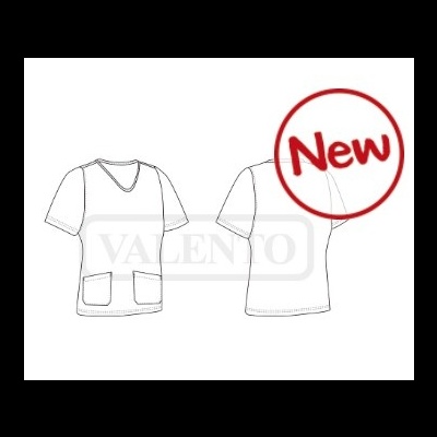 Desenho de camisa branca com bolsos e selo NEW vermelho