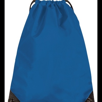 Mochila saco azul com detalhes pretos e cordões de fecho
