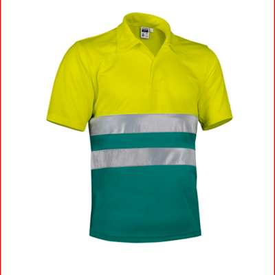 Polo amarelo de manga curta com faixas refletoras e faixa verde