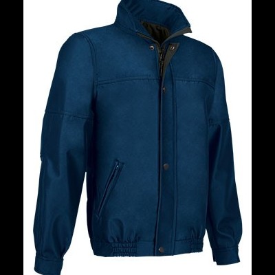 Casaco azul escuro com fecho de correr e botões de pressão