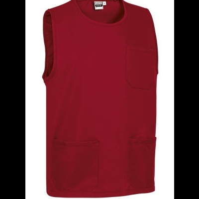 Colete vermelho vinho com três bolsos frontais e etiqueta branca na gola