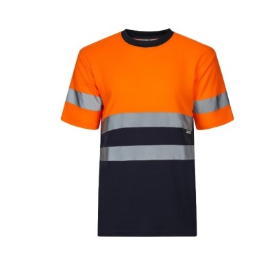 T-shirt de trabalho laranja e preta com faixas refletoras cinzentas