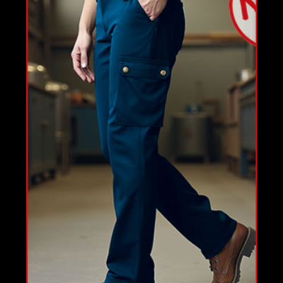 Calças de trabalho azul escuro com bolsos abotoados usadas por pessoa com sapatos castanhos em espaço industrial