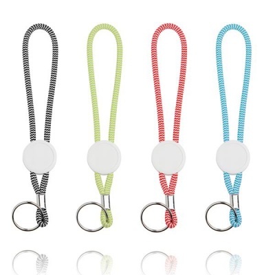 Quatro porta-chaves com cordão colorido e botão branco central