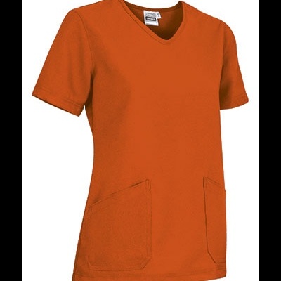 T-shirt feminina laranja com decote em V e bolsos frontais