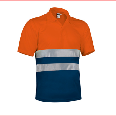 Polo laranja com faixas refletoras cinza e azul escuro