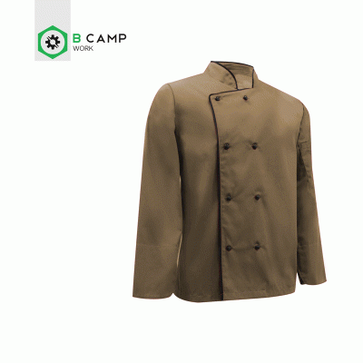 Casaco de chef castanho com botões pretos e gola alta