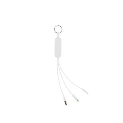 Cabo USB multiusos branco com três conectores diversos e argola metálica