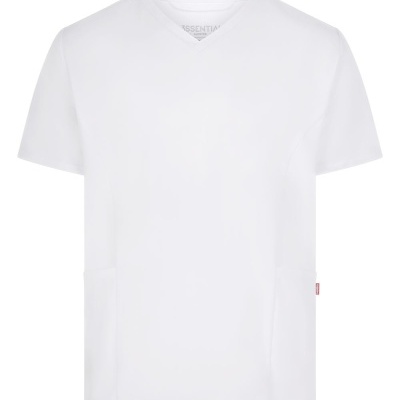 Camisola branca de manga curta com decote em V e bolsos frontais.