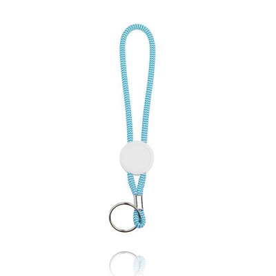 Chaveiro com cordão azul claro e branca, argola metálica e peça circular branca