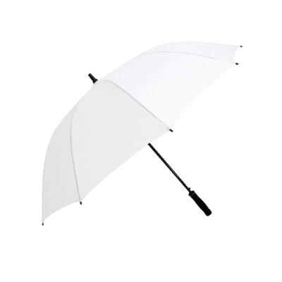 Guarda-chuva branco com haste e pega pretas aberto