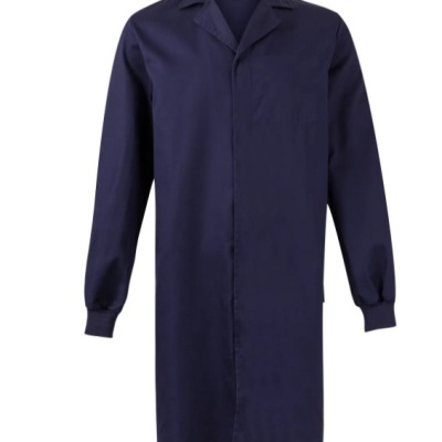Bata azul escuro comprida com botões ocultos e gola clássica