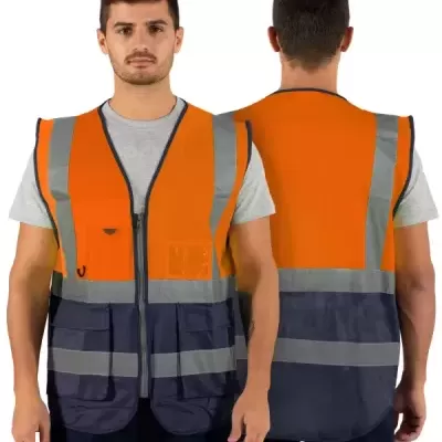 Colete de segurança laranja e azul escuro com faixas refletoras cinzentas