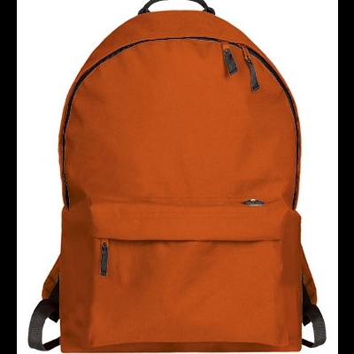Mochila laranja com bolso frontal e alças pretas