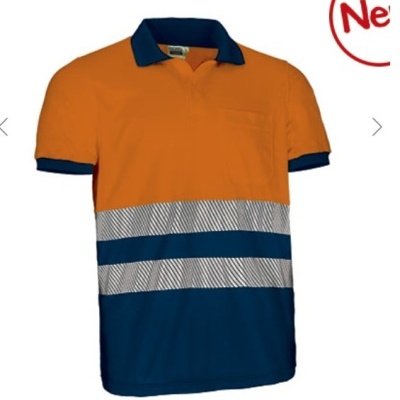 Polo de trabalho laranja e azul com faixas refletoras prateadas e gola azul