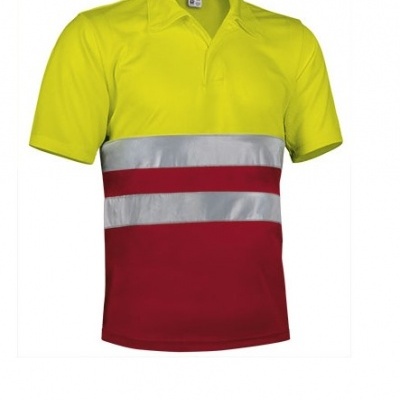 Camisola polo amarela fluorescente com faixas refletoras cinza e faixa vermelha