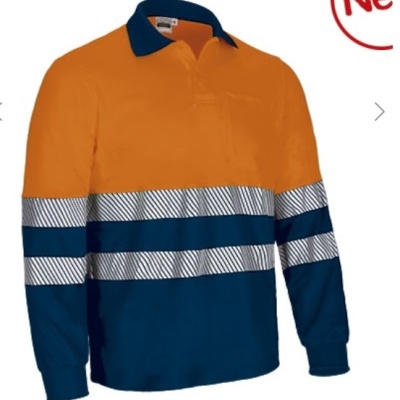 Camisola de trabalho laranja e azul com faixas refletoras