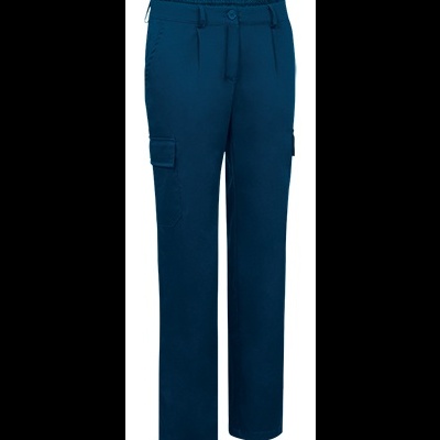 Calças cargo azuis escuras com bolsos laterais e fecho de botão