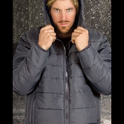 Casaco masculino cinza escuro acolchoado com capuz e fecho de correr