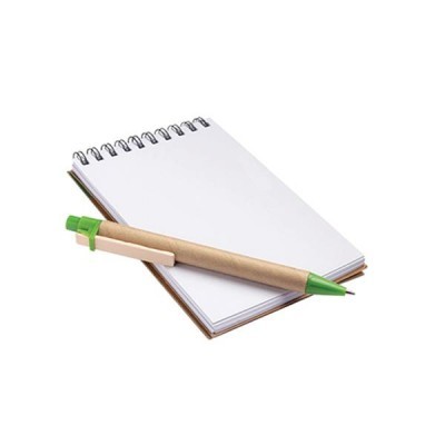 Bloco de notas com caneta verde e castanha