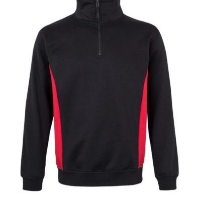 Sweatshirt preta com painéis vermelhos laterais e fecho meia-zíper na gola