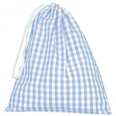 Saco de tecido xadrez azul e branco com cordão