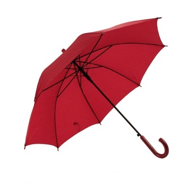 Guarda-chuva vermelho aberto com cabo curvo vermelho e estrutura preta