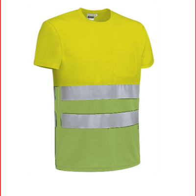 T-shirt de alta visibilidade amarelo e verde com faixas reflexivas prateadas